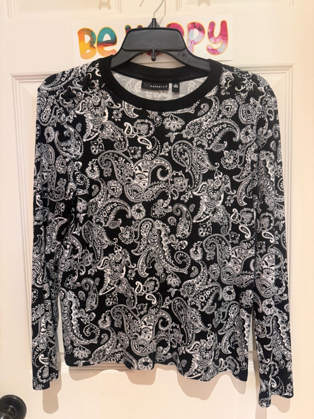 Rafaella Black & White Paisley Crewneck Long-Sleeve Top